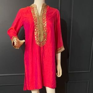 NWT Nishat Linen Red/Pink Shimmer Tunic Shirt with Gold Embroidery Trim Sz. 2 US